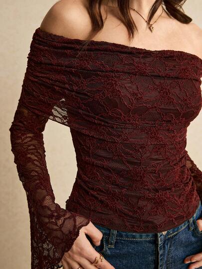 Poéselle Women's Burgundy Off-Shoulder Lace Top,Slim-Fit Elegant Sheer Long Sleeve Ruched Floral Lace Shirt For Winter Date,Night Out,Parties And Banquets