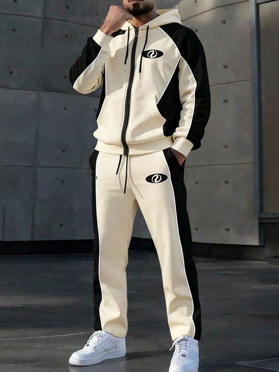 Manfinity Homme 男士撞色印花拉链连帽衫和口袋运动裤套装 - 彩色 - 查看 1