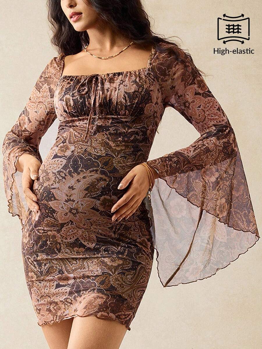 Boho Mama 复古花卉印花喇叭袖孕妇装,优雅秋季 - 卡其色 - 查看 1
