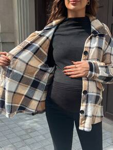 SHEIN Plaid Pattern Maternity Regular Jacket, Fleece Outerwear For Autumn/Winter - Multicolor - View 3
