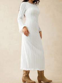 SHEIN Elegant White Silky Maternity Solid Color Bell Sleeve Dress,Autumn Pregnancy Clothes For Photoshoot,Holiday Wedding Guest New Year Winter Dress - White - View 9