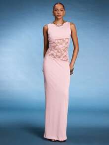 Normani Vestido maxi asimétrico de encaje transparente con corte en la cintura, vestido transparente sexy para vacaciones - Rosa coral - Ver 3