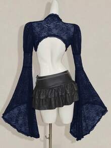 SHEIN ICON 女式哥特式蕾丝喇叭袖长下摆万圣节服装T恤 - 藏蓝色 - 查看 2