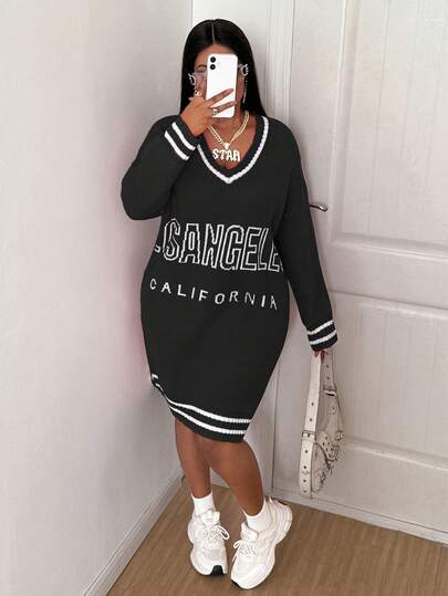 Maweii Plus Size Women Letter Print Casual Loose Knitted Sweater Dress, Autumn/Winter