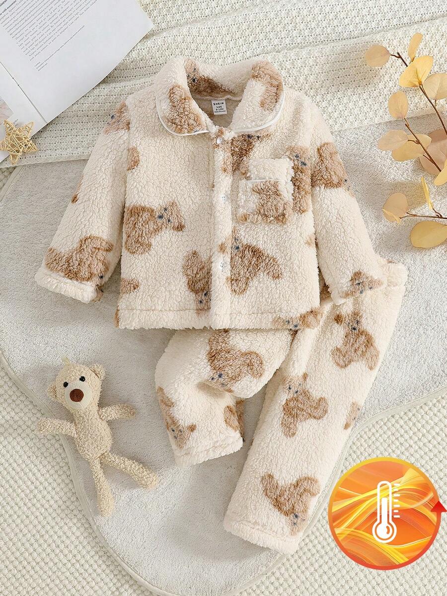 2件套婴幼儿男童秋冬新款长袖上衣和裤子套装，可爱小熊水印抓绒家居服及休闲睡衣套装 - 彩色 - 查看 1