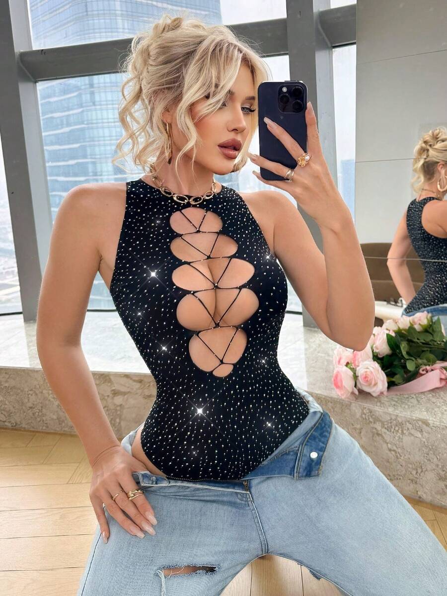 SHEIN Salopă neagră, tricotată, cu două fețe, cu strasuri strălucitoare, decupată, strâmtă, cu material de înaltă elasticitate, care prezintă forme sexy - Negru - Vizualizare 1