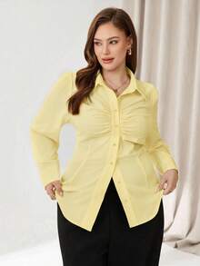 Auralis Plus Size Ruched Front Button Long Sleeve Shirt,Office Lady Elegant Yellow Autumn Everyday Blouse,Versatile Basic Spring Women Blouse For Work - Yellow - View 3