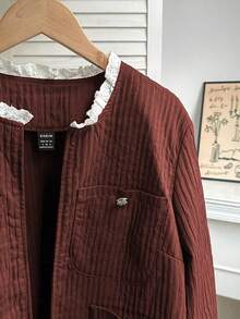 Franclia Vintage Lace Embroidered Bowknot Patchwork Round Neck Casual Jacket, Suitable For Autumn/Winter - Red - View 4