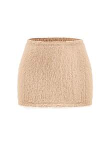 Ellevyn Conjunto de moda cómodo de top de manga larga con cuello alto de unicolor y minifalda de felpa, otoño/invierno - Caqui - Ver 3