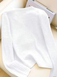 EMERY ROSE Women's Round Neck Long Sleeve Metallic Mushroom Button Decor Knitted Cardigan, Autumn/Winter - White - View 2