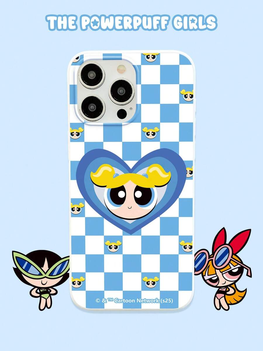 THE POWERPUFF GIRLS X SHEIN Funda de teléfono con estampado de corazones de burbujas blancas lindas, funda de teléfono con estampado a cuadros azul y blanco, estilo dulce y lindo compatible con iPhone y Galaxy, adecuado para uso diario de niñas o como regalo. Funda compatible con iPhone 17 /Air / 17 Pro / 17 Pro Max, cubierta compatible con iPhone y Galaxy Carcasa protectora - Blanco - Ver 1