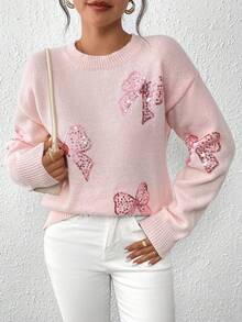 EMERY ROSE Crew Neck Pullover Autumn/Winter Top, Pink Butterfly Beaded Embroidery Sweater - Pink - View 3