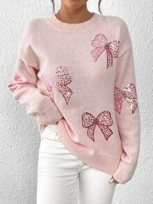 EMERY ROSE Crew Neck Pullover Autumn/Winter Top, Pink Butterfly Beaded Embroidery Sweater - Pink - View 7