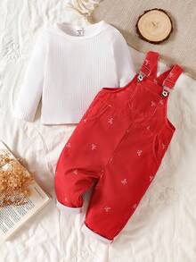 SHEIN Bộ 2 quần yếm nhung kẻ cho bé gái, trang phục thời trang họa tiết hoa nhỏ xinh xắn - Đỏ - Xem 7