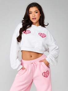 Missguided x Playboy Women Heart Graphic Crop Sweatshirt Valentine Long Sleeve Love Print Pullover Casual Top - Light Grey - View 5