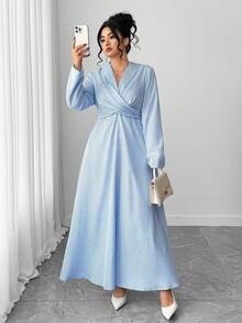 Elenzga Plus Size Elegant Asymmetrical Tie-Waist Flared Hem Blue And White Striped Dress - Blue and White - View 4