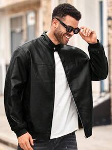 EASEVO 加大码男士纯色拉链休闲百搭长袖皮夹克