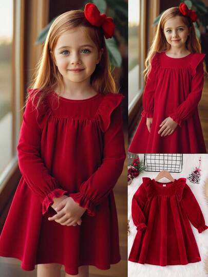 Emery Rose Kids 少女纯色针织柔软圆领荷叶边收腰长袖连衣裙，天鹅绒材质，A字裙摆，优雅长袖蛋糕裙，适合生日派对、度假、秋冬季休闲日常穿着及上学，也适合圣诞节、母女装、姐妹装等场合。