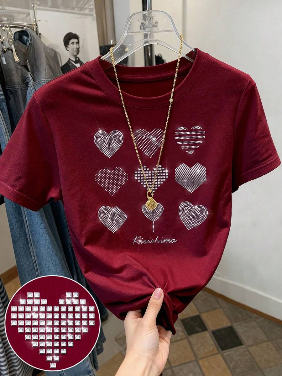 Resyla Herz-Strass-Dekor, modisches minimalistisches Damen-Rundhals-Kurzarm-T-Shirt, Geschenk für Freunde - Bordeaux - Übersicht 1