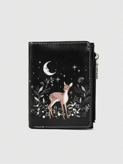 Fairycore 1 pieza Cartera negra con diseño creativo de ciervo, luna, estrella, copo de nieve y floral, monedero versátil y de moda unisex, soporte de tarjetas de estilo casual