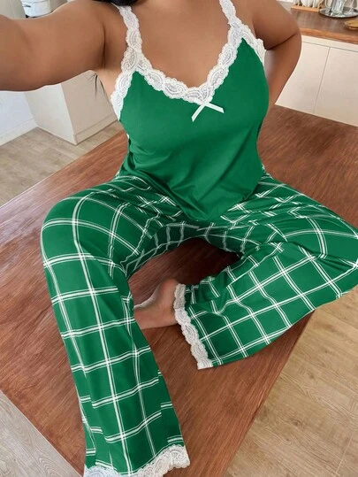 Miss Vinta Plus Size Contrast Color Lace Patchwork Camisole & Plaid Print Pants Pajama Set