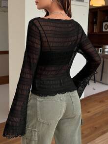 SHEIN EZwear 女士休闲简约纯色褶皱纹理黑色网纱修身衬衫，适合春、夏、秋季穿着 - 黑色 - 查看 2