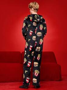 Men's Autumn/Winter Plush Funny Soda, Fries, Burger Print Fluffy Lounge Jumpsuit - Multicolor - View 2