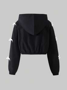 SHEIN Sparklyn 三件套少女休闲套装，包括：带帽拉链短外套（罗纹边饰）、白色吊带背心和阔腿裤，秋季套装 - 黑色 - 查看 4