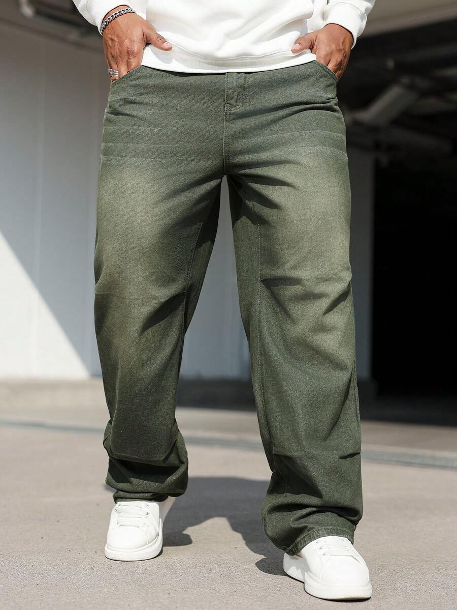 Manfinity Homme Plus Size Men's Casual Everyday Washed Slant Pocket Straight Leg Jeans Men S Loose Straight Leg Casual Pants - Army Green - View 1
