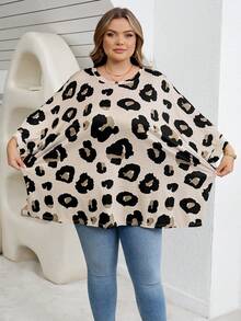 SHEIN CURVE+ 大码休闲豹纹印花宽松圆领长袖T恤，适合春/夏/秋/冬穿着 - 彩色 - 查看 3