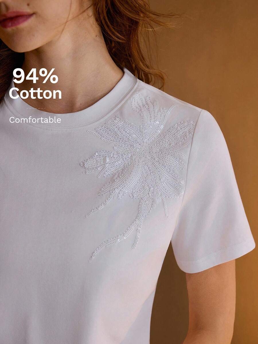 MOTF PREMIUM Camiseta con bordado floral de lentejuelas - Blanco - Ver 1