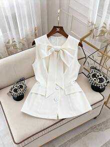 GlowEve Gilet donna tinta unita con patta decorativa, blusa elegante con colletto a fiocco, blusa professionale adatta per insegnanti, stile essenziale per business e pendolarismo in primavera/estate, blusa per insegnanti donne, vacanza in campagna - Beige - Visualizzare 3