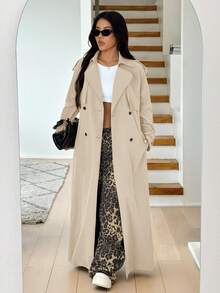 SHEIN EZwear Áo gió dài dệt màu mơ cho nữ - Màu be - Xem 7