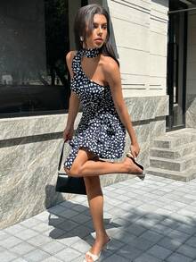 SHEIN Swim 女士藏蓝色不对称花卉图案单肩荷叶边拼接连衣裙，修身显瘦 - 藍色 - 查看 4