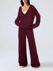 LYSMO 女士简约酒红色针织衫长裤两件套，秋冬针织两件套，适合外出、返校、毕业典礼、街头风和斯德哥尔摩风格。 - 酒紅色 - 查看 6