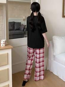 SHEIN Girls Red Plaid Bow Print Polyester Short Sleeve Pajama Pant Set Sweet And Cute Loungewear - Red - View 2