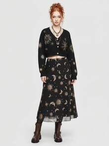 ROMWE Fairycore Cárdigan de mujer con bordados de luna y estrellas de inspiración de bruja para una noche misteriosa, blusas de manga larga - Negro - Ver 2