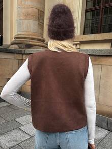 Vivie Lora 女士麂皮纯色单排扣多口袋休闲常规款马甲外套 - 卡其色 - 查看 4