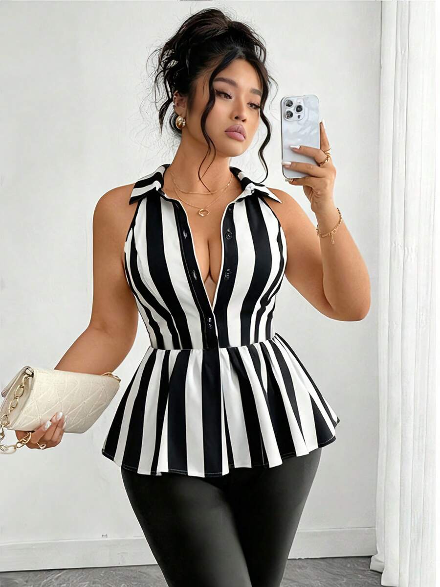 Elenzga Plus Size Women Elegant Solid Color Sleeveless Shirt Collar Ruffle Hem Romantic Date Versatile Design Casual Blouse, Spring/Summer - Black and White - View 1