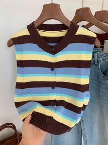 Comfortcana 女士时尚彩色条纹短款开襟休闲简约针织背心，适合秋冬季穿着 - 彩色 - 查看 5