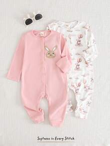 Cozy Pixies Bộ 2 món áo liền quần dài tay cổ tròn mềm mại họa tiết động vật hoạt hình cho bé gái - Nhiều màu - Xem 3