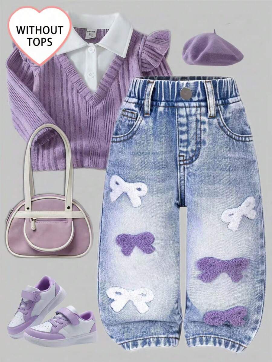 女童休闲牛仔裤，甜美蝴蝶贴花和刺绣设计，中腰修身蓝色牛仔裤 - 藍色 - 查看 1