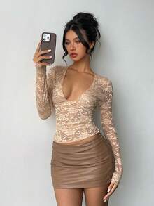 Aloruh 女士优雅V领袖透视裸色上衣，春季外出上衣，女士外出上衣，优雅性感蕾丝上衣 - 棕色 - 查看 6