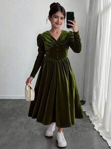 SHEIN Vestido verde con cuello en V, mangas con volantes y cintura ceñida para niñas preadolescentes, vestido de princesa, conjunto elegante para niñas, vestido formal, vestido de dama de honor, vestido de invitada a boda de otoño, vestido de vendaje, conjunto de Año Nuevo para niñas, vestido de gala de baile de máscaras - Verde Oliva - Ver 1