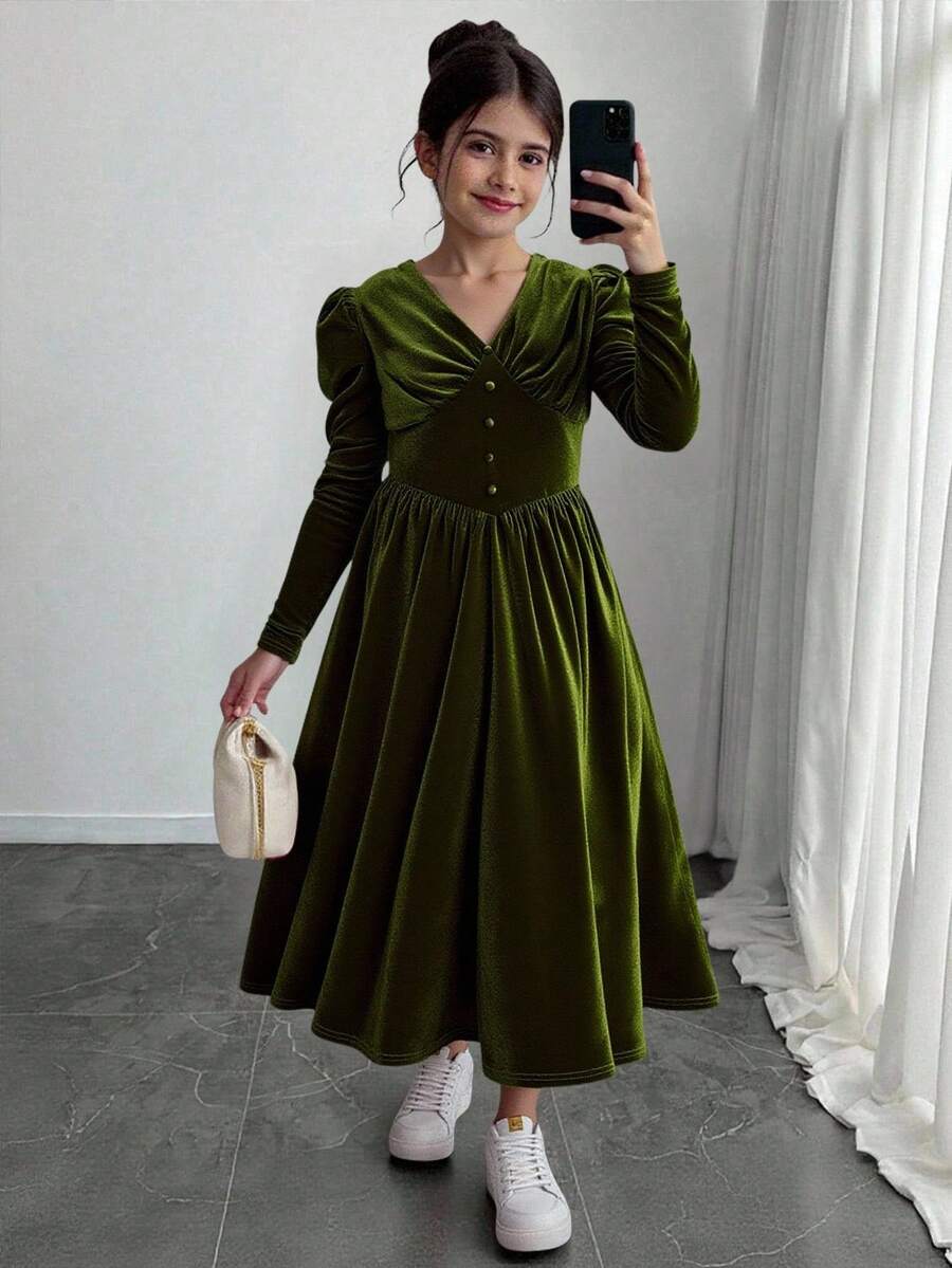 SHEIN Vestido verde con cuello en V, mangas con volantes y cintura ceñida para niñas preadolescentes, vestido de princesa, conjunto elegante para niñas, vestido formal, vestido de dama de honor, vestido de invitada a boda de otoño, vestido de vendaje, conjunto de Año Nuevo para niñas, vestido de gala de baile de máscaras - Verde Oliva - Ver 1