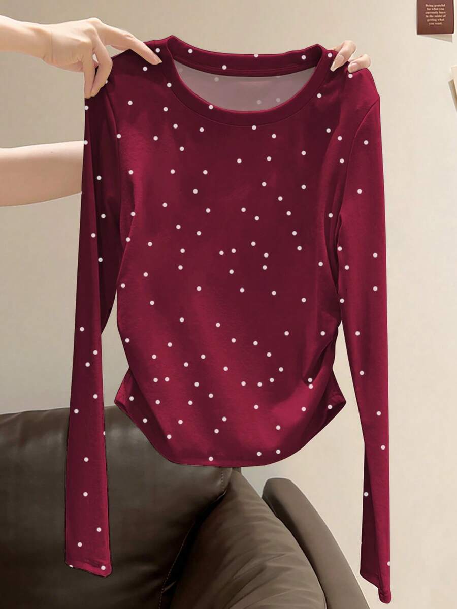 SHEIN 波点数码印花时尚简约女式长袖T恤，送朋友的礼物 - 白色 - 查看 1