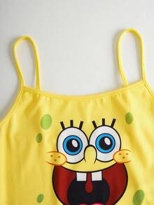 SpongeBob SquarePants | SHEIN 女士可爱卡通图案吊带背心和短裤睡衣套装，舒适 - 黃色 - 查看 6