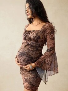 Boho Mama 复古花卉印花喇叭袖孕妇装，优雅秋季 - 卡其色 - 查看 10