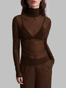 Ontre 2026 Primavera/Verano Nueva Blusa de Punto de Manga Larga Ajustada con Cuello Alto y Capas Transparentes para Mujer, Versátil para Ir al Trabajo, Casual de Negocios, Fiesta, Invitada de Boda, Ropa de Playa de Vacaciones - Marrón - Ver 3
