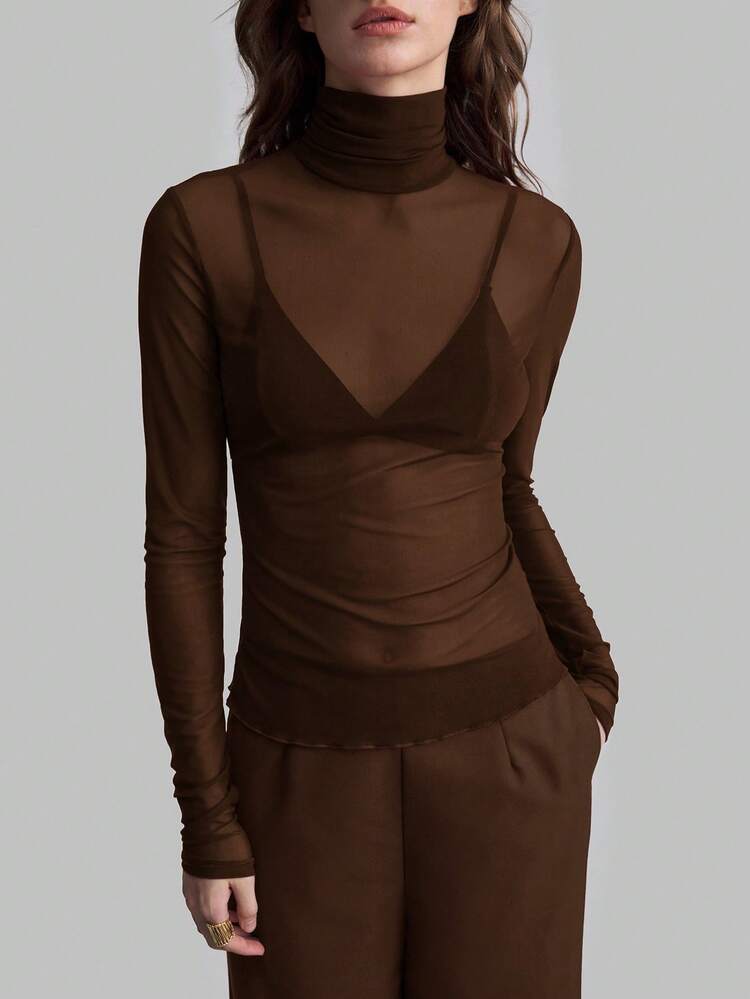 2026 Primavera/Verão Nova Top de Tricô Feminina de Manga Longa Ajustada com Gola Alta e Camadas Transparentes, Versátil para Transporte Urbano, Casual Business, Festa, Convidado de Casamento, Roupa de Praia de Férias - Castanho - Visão 3